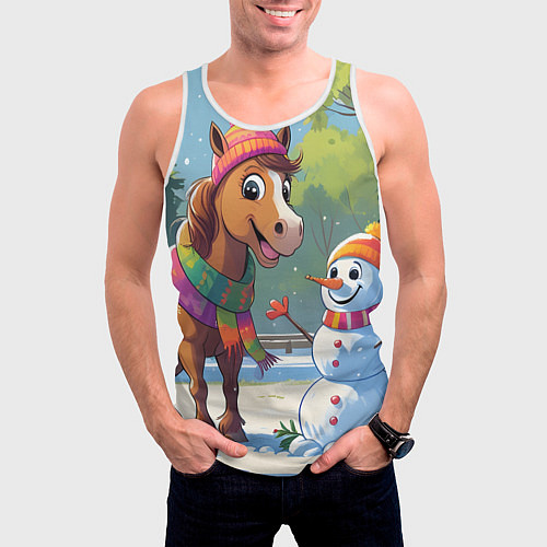 Мужская майка без рукавов Лошадка и снеговик / 3D-Белый – фото 3