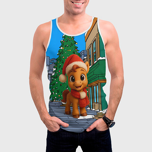 Мужская майка без рукавов Новогодняя лошадка и елка / 3D-Белый – фото 3