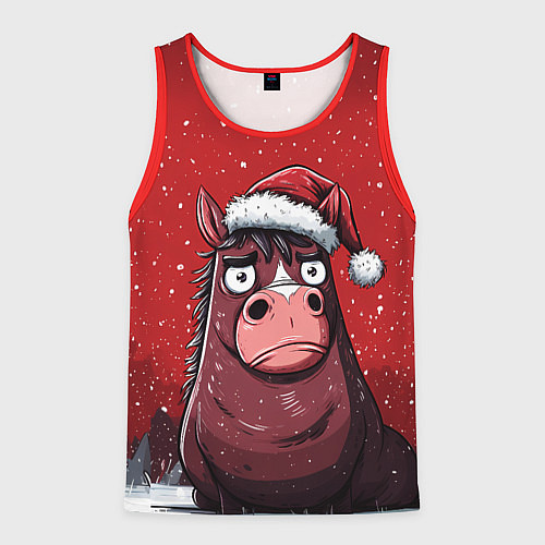 Мужская майка без рукавов Конь в новогодней шапке / 3D-Красный – фото 1