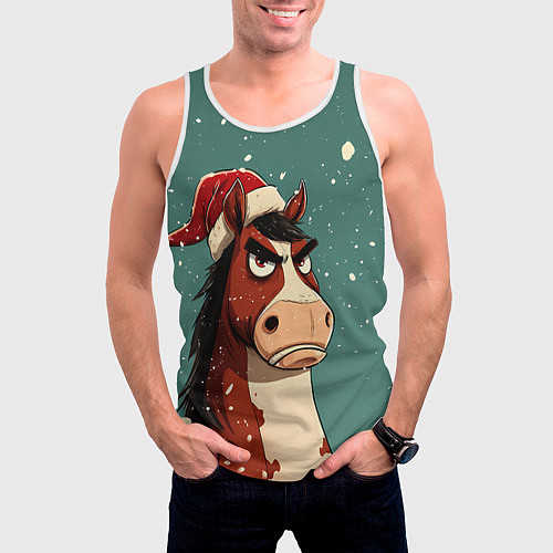 Мужская майка без рукавов Новогодняя лошадь на фоне снегопада / 3D-Белый – фото 3
