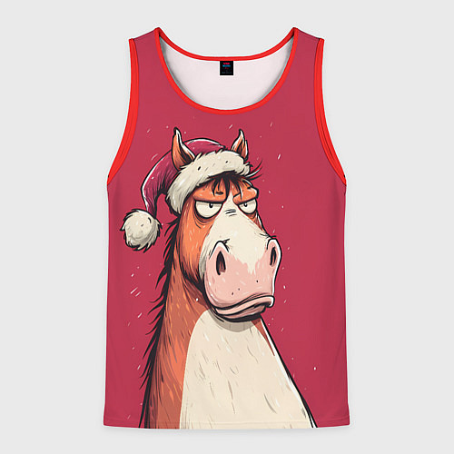 Мужская майка без рукавов Комичная новогодняя лошадь / 3D-Красный – фото 1