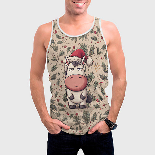 Мужская майка без рукавов Новогодняя лошадка на фоне елочных веток / 3D-Белый – фото 3