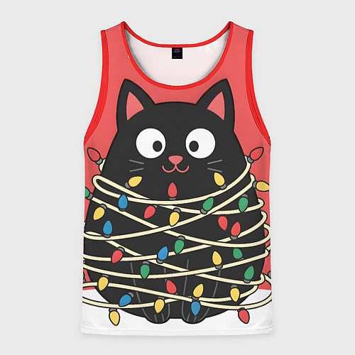 Мужская майка без рукавов Котик в гирлянде / 3D-Красный – фото 1