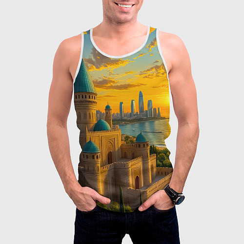 Мужская майка без рукавов Баку сплетение эпох на закате / 3D-Белый – фото 3