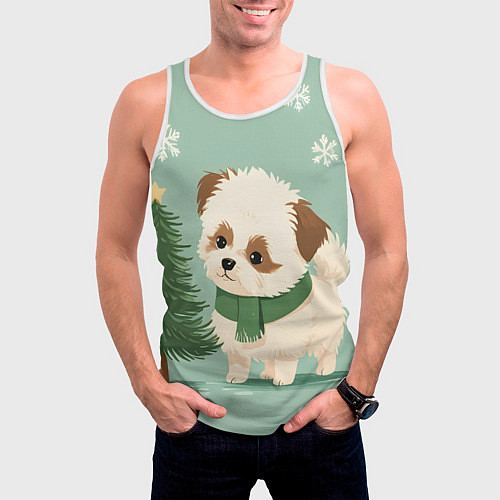 Мужская майка без рукавов Новогодний песик с елочкой / 3D-Белый – фото 3