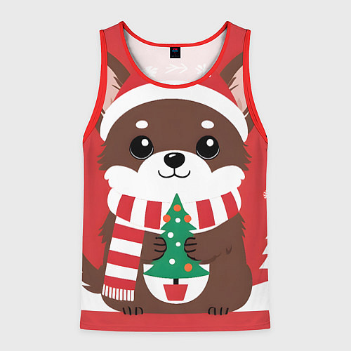 Мужская майка без рукавов Новогодний пес с елочкой / 3D-Красный – фото 1