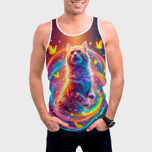 Мужская майка без рукавов Игривый кот в неоновых всполохах / 3D-Белый – фото 3