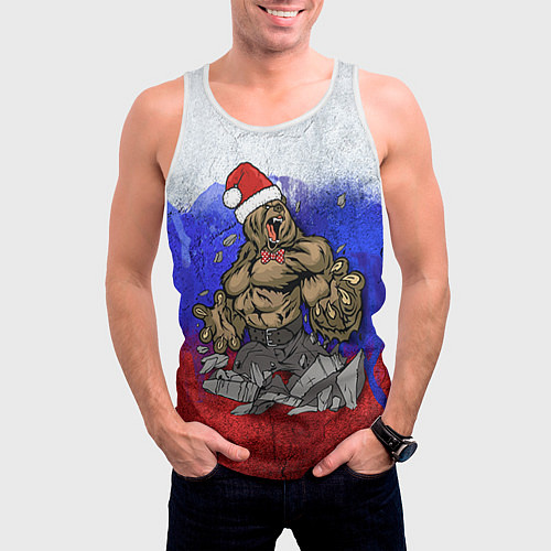 Мужская майка без рукавов Новогодний медведь РФ / 3D-Белый – фото 3