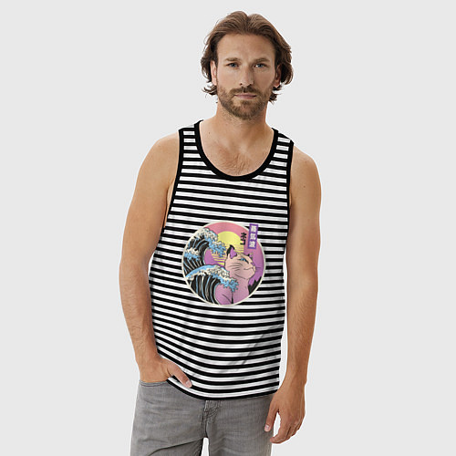 Мужская майка Vaporwave Sunset Кот Самурай / Черная тельняшка – фото 3