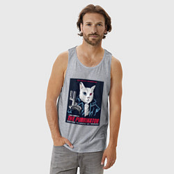 Майка мужская хлопок Кот Терминатор пародия, цвет: меланж — фото 2