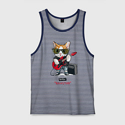 Майка мужская хлопок КРУТОЙ КОТ ГИТАРИСТ, цвет: синяя тельняшка