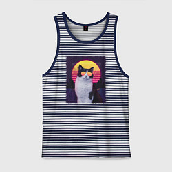 Майка мужская хлопок Synthwave cat, цвет: синяя тельняшка