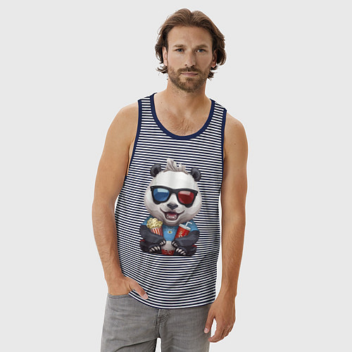 Мужская майка Прикольный панда с попкорном и колой / Синяя тельняшка – фото 3