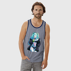 Майка мужская хлопок Ребекка и коктель - Киберпанк бегущий по краю, цвет: синяя тельняшка — фото 2