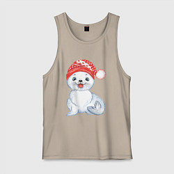 Майка мужская хлопок Новогодний тюлень, цвет: миндальный