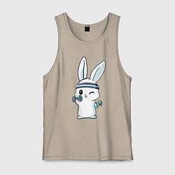 Майка мужская хлопок Прикольный зайчишка пауэрлифтер, цвет: миндальный