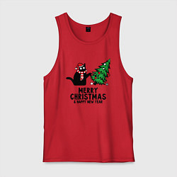 Майка мужская хлопок Кот роняет новогоднюю ёлку, цвет: красный