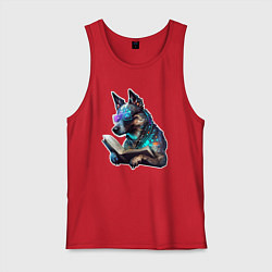 Майка мужская хлопок Киберпанк собака с книгой, цвет: красный