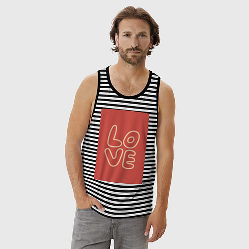 Мужская майка Слово Love на красном прямоугольном фоне / Черная тельняшка – фото 3