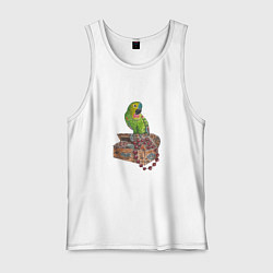 Майка мужская хлопок Зеленый попугай на сундуке с сокровищами, цвет: белый