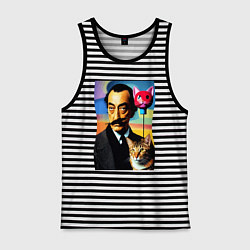 Майка мужская хлопок Salvador Dali and cat, цвет: черная тельняшка