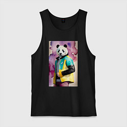 Майка мужская хлопок Панда в модной куртке - акварель, цвет: черный