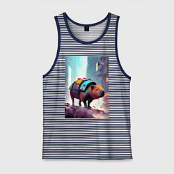 Майка мужская хлопок Капибара в мегаполисе - киберпанк, цвет: синяя тельняшка