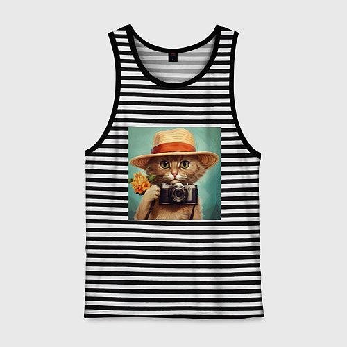 Мужская майка Кот в соломенной шляпе с фотоаппаратом / Черная тельняшка – фото 1