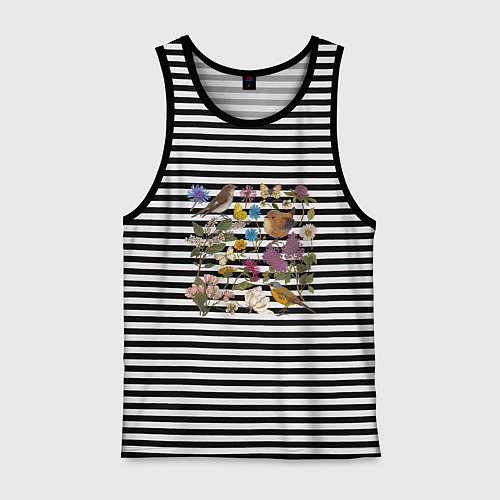 Мужская майка Цветение и птички / Черная тельняшка – фото 1