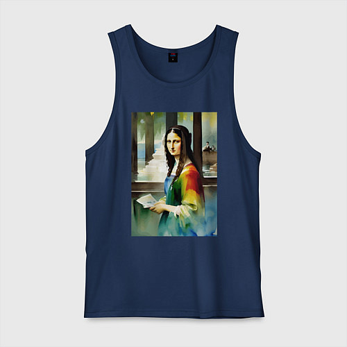 Мужская майка Мона Лиза в библиотеке - нейросеть - акварель / Тёмно-синий – фото 1