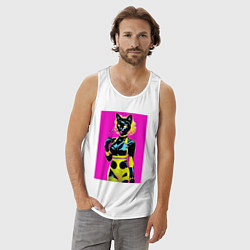 Майка мужская хлопок Black cat - fashionista - pop art - neural network, цвет: белый — фото 2