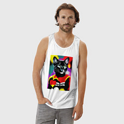 Майка мужская хлопок Черная кошка с сердцем: поп-арт - нейросеть, цвет: белый — фото 2