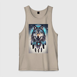 Майка мужская хлопок Шаман волк, цвет: миндальный