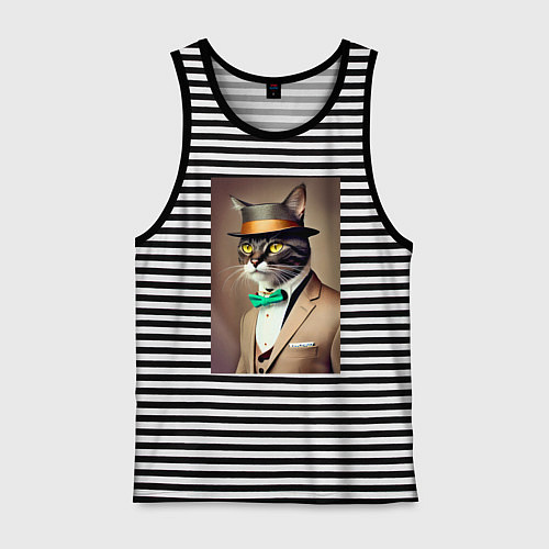 Мужская майка Портрет кота джентльмена в шляпе / Черная тельняшка – фото 1