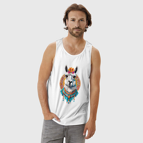 Мужская майка Красивая лама с цветами и перьями / Белый – фото 3