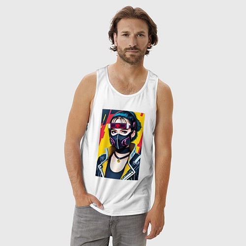 Мужская майка Девчонка в маске - киберпанк - нейросеть / Белый – фото 3