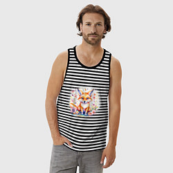 Майка мужская хлопок Милый большеухий лисенок сидит в цветах, цвет: черная тельняшка — фото 2