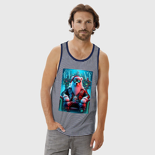 Мужская майка Медведь на кибер троне - нейросеть / Синяя тельняшка – фото 3