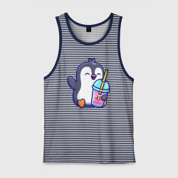 Майка мужская хлопок Пингвин с напитком, цвет: синяя тельняшка