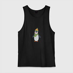 Майка мужская хлопок Весёлый пингвин в шапке, цвет: черный