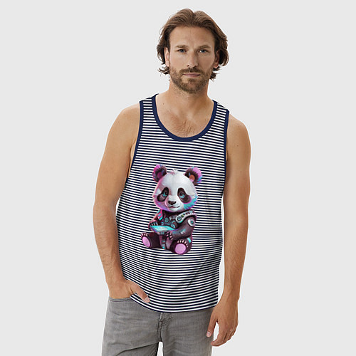 Мужская майка Funny panda - cyberpunk / Синяя тельняшка – фото 3