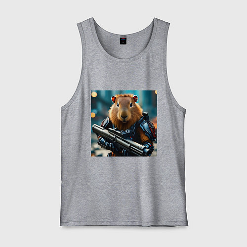 Мужская майка Мем вооруженная капибара и автомат / Меланж – фото 1