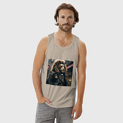 Майка мужская хлопок Лев в кожаном костюме в стиле стимпанк, цвет: миндальный — фото 2