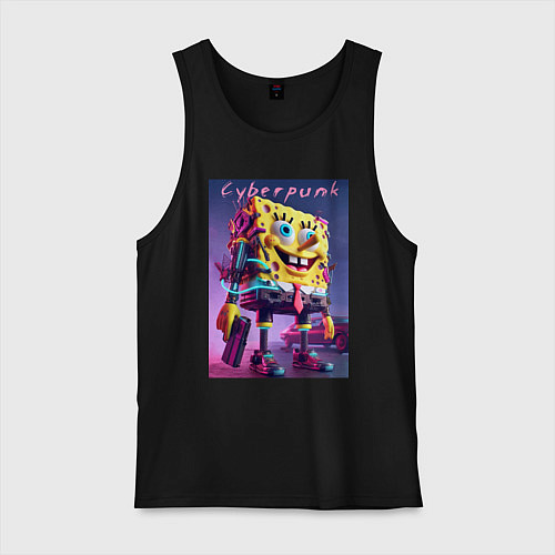 Мужская майка Sponge Bob with a pistol - cyberpunk ai art / Черный – фото 1