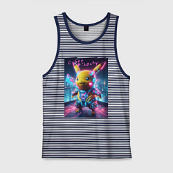 Майка мужская хлопок Cyber Pikachu - neon glow ai art fantasy, цвет: синяя тельняшка