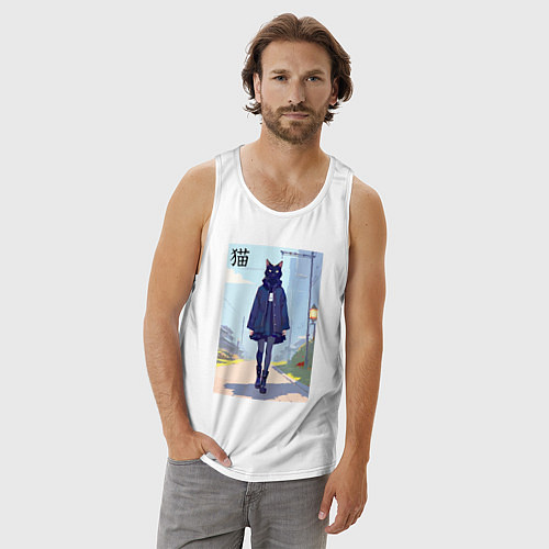 Мужская майка Чёрная кошечка на своём районе - нейросеть / Белый – фото 3