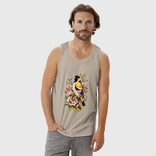 Мужская майка Черноголовый щегол среди цветов / Миндальный – фото 3