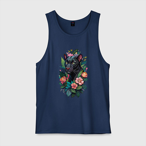 Мужская майка Черная пантера среди цветов / Тёмно-синий – фото 1