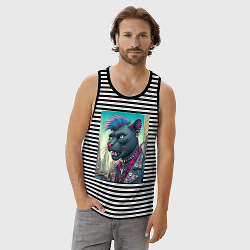 Мужская майка Чувак пантера панк житель Нью-Йорка - нейросеть / Черная тельняшка – фото 3