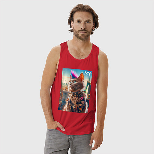 Мужская майка Funny cat punk from New York - ai art / Красный – фото 3